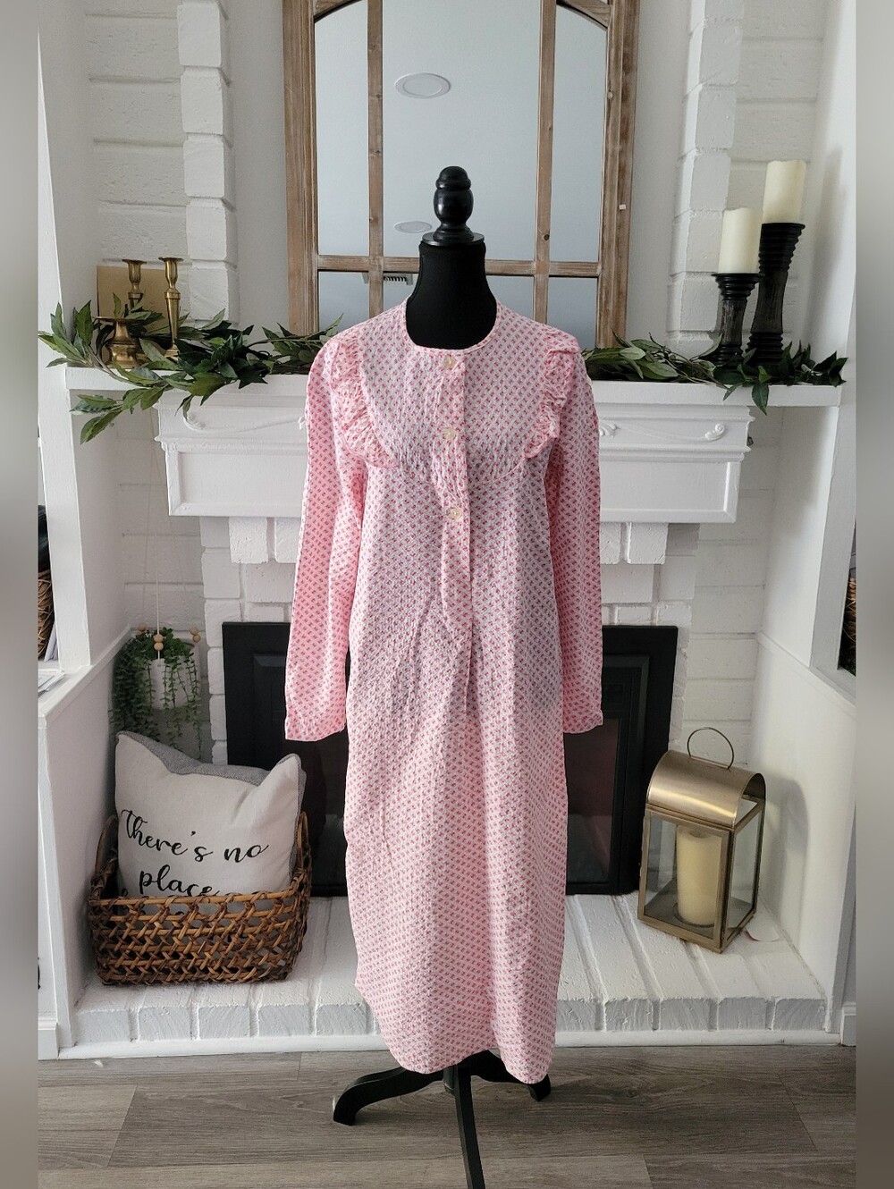Vintage 70s Cottage Core Ditzy Floral Popover Prairie Long Sleeve Nightgown S